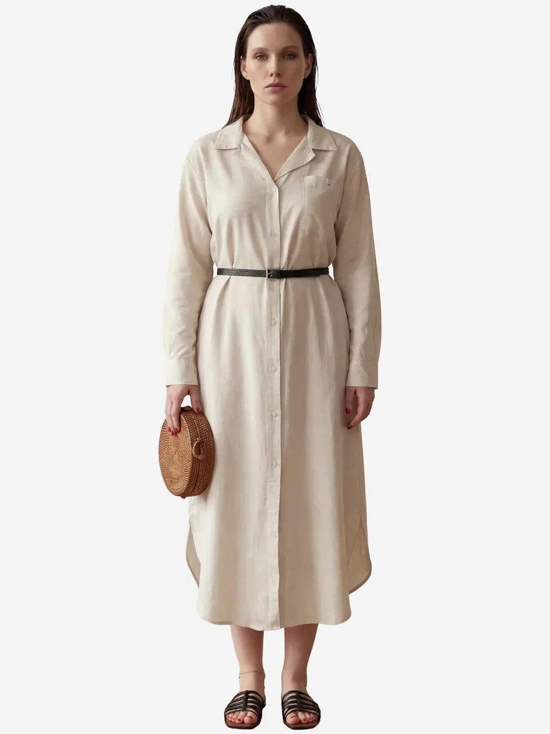 MY FASHION Beige Natural MY FASHION Linen Blend Midi Dress with Button Closure and Pocket for Women | Best Price UAE